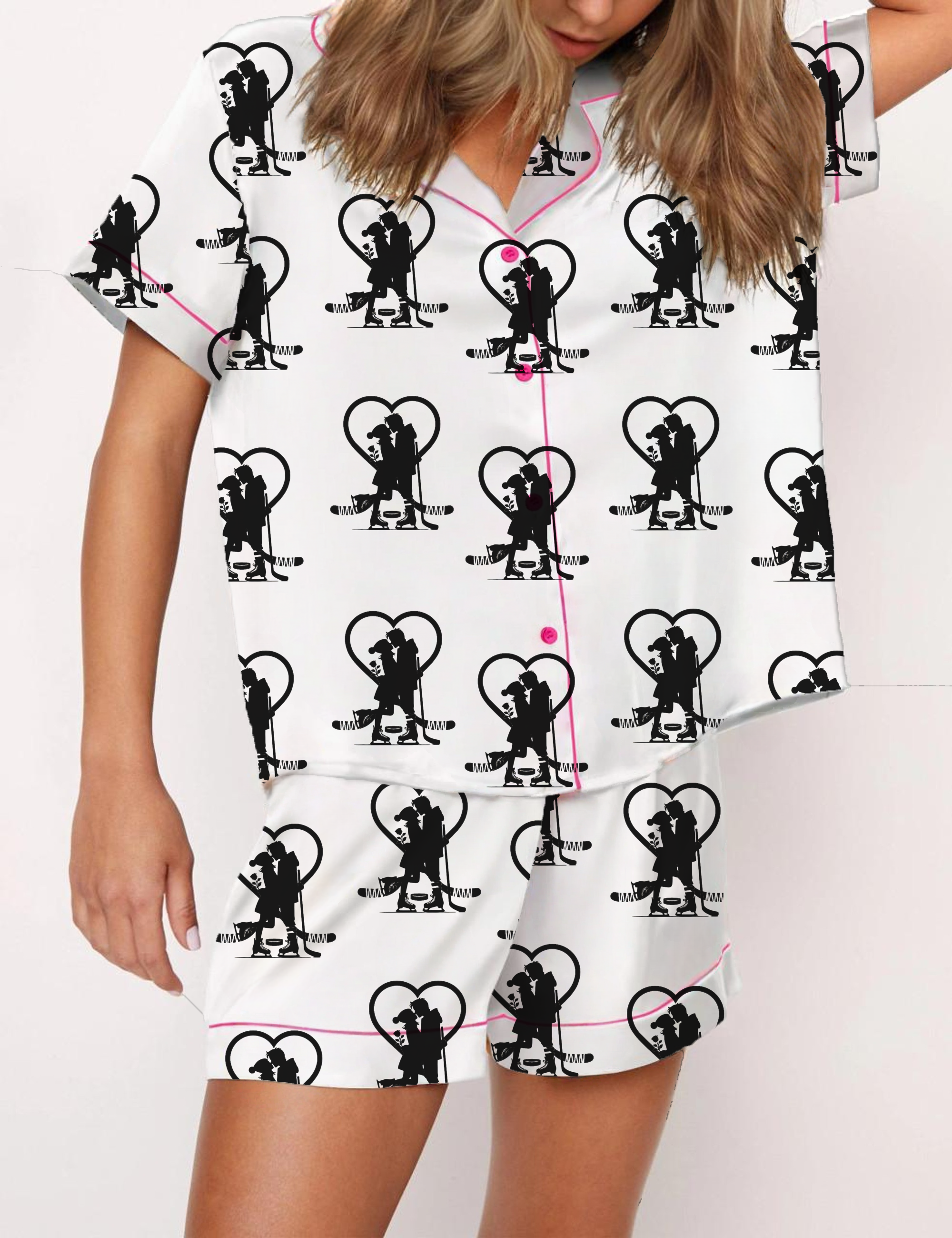 Love Ice Hockey Silky Satin Pajama Short Set For Women