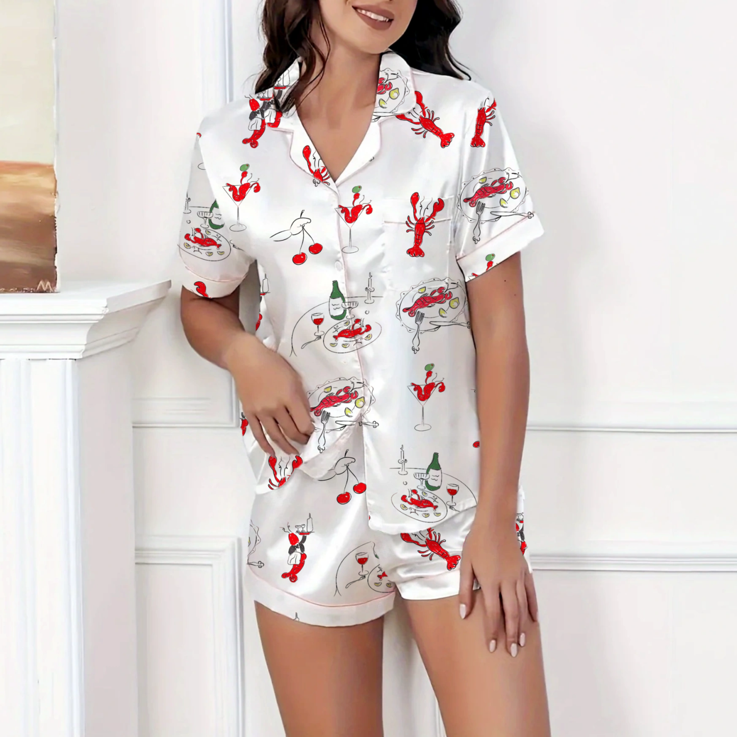 Lobster Theme Silky Satin Pajama Short Set For Women