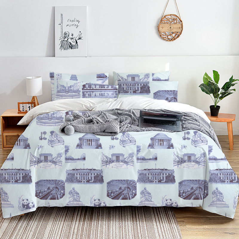 Washington DC Toile 100% Cotton Duvet Cover Set  King Twin Comforter Queen Bedding for Guest Room with Hidden Zipper Closure 3Pcs