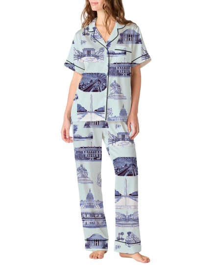 Washington DC Toile Silky Satin Pajama Pants Set For Women