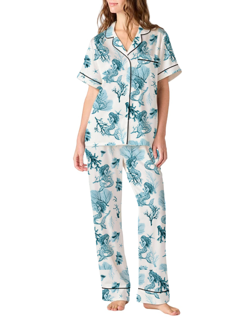 Mermaid Toile Satin Pajama Pants Set For Women