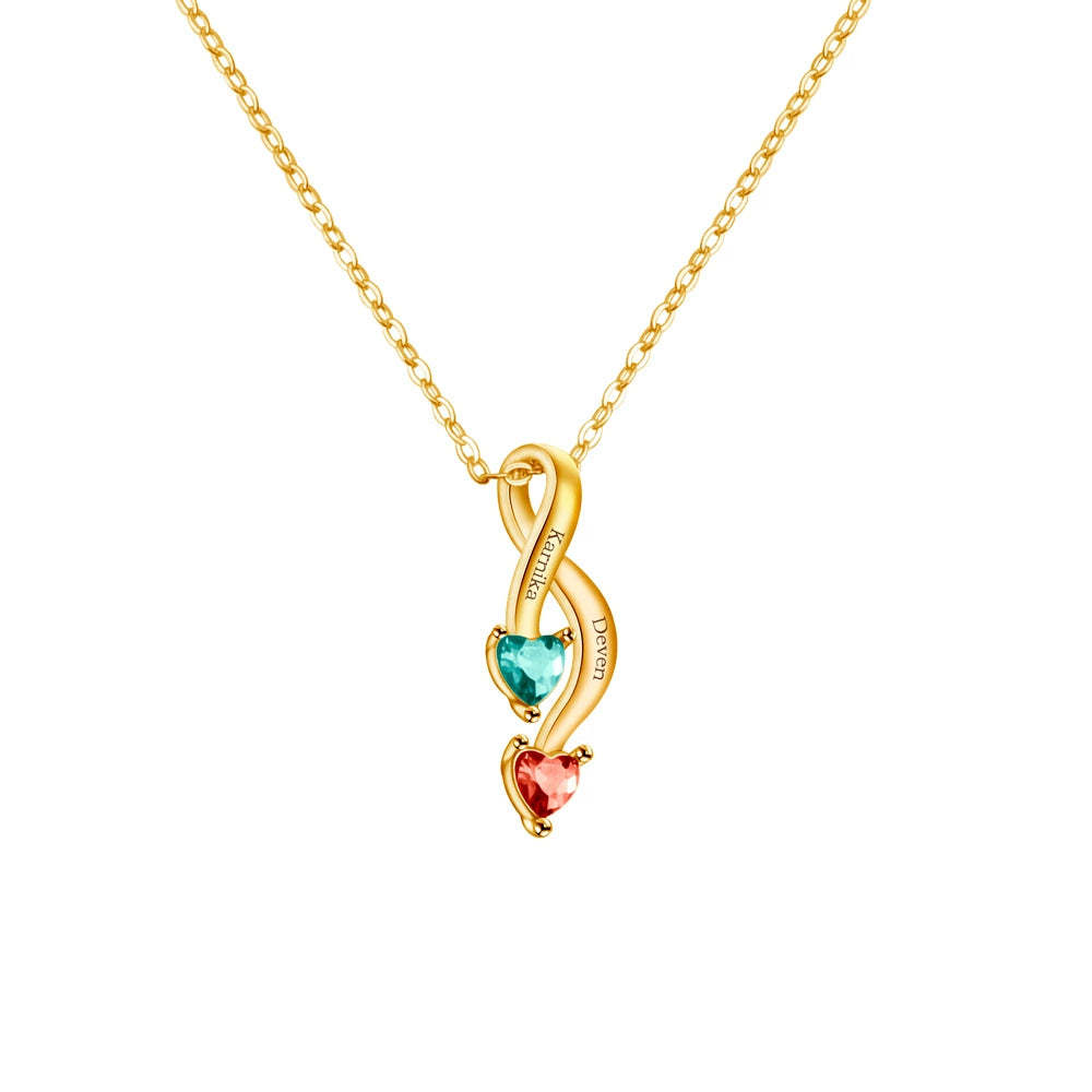 Personalized Crossing Heart Necklace with Names and Birthstones Mother