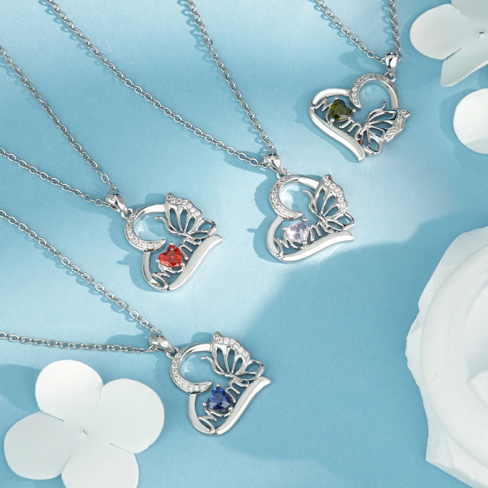 Personalized Butterfly Heart Necklace with Birthstone Charm Mother's Day Birthday for Women
