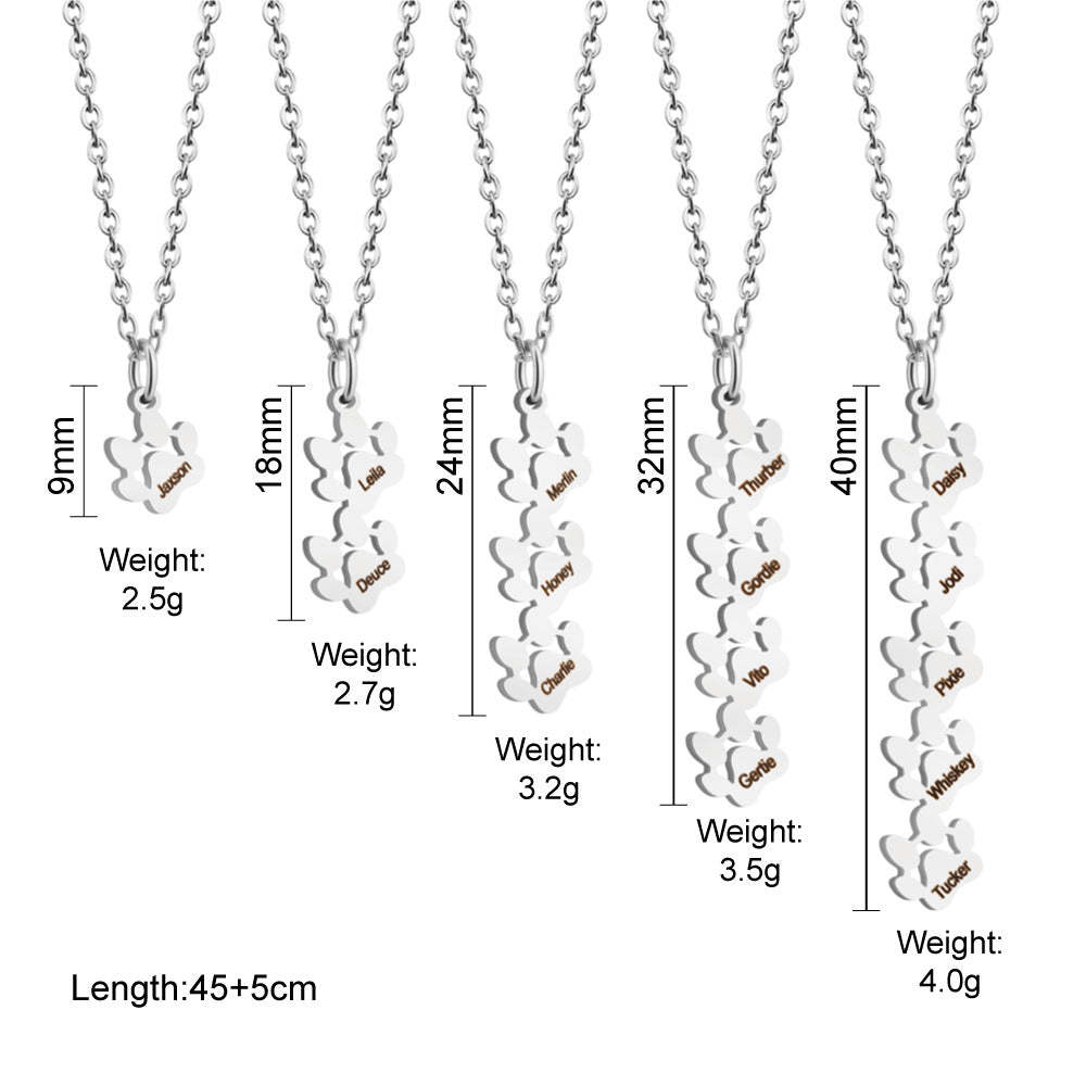 Personalized 1-5 Paws Necklace with Engraved Names Birthday Memorial Gift for Dog Cat Lover