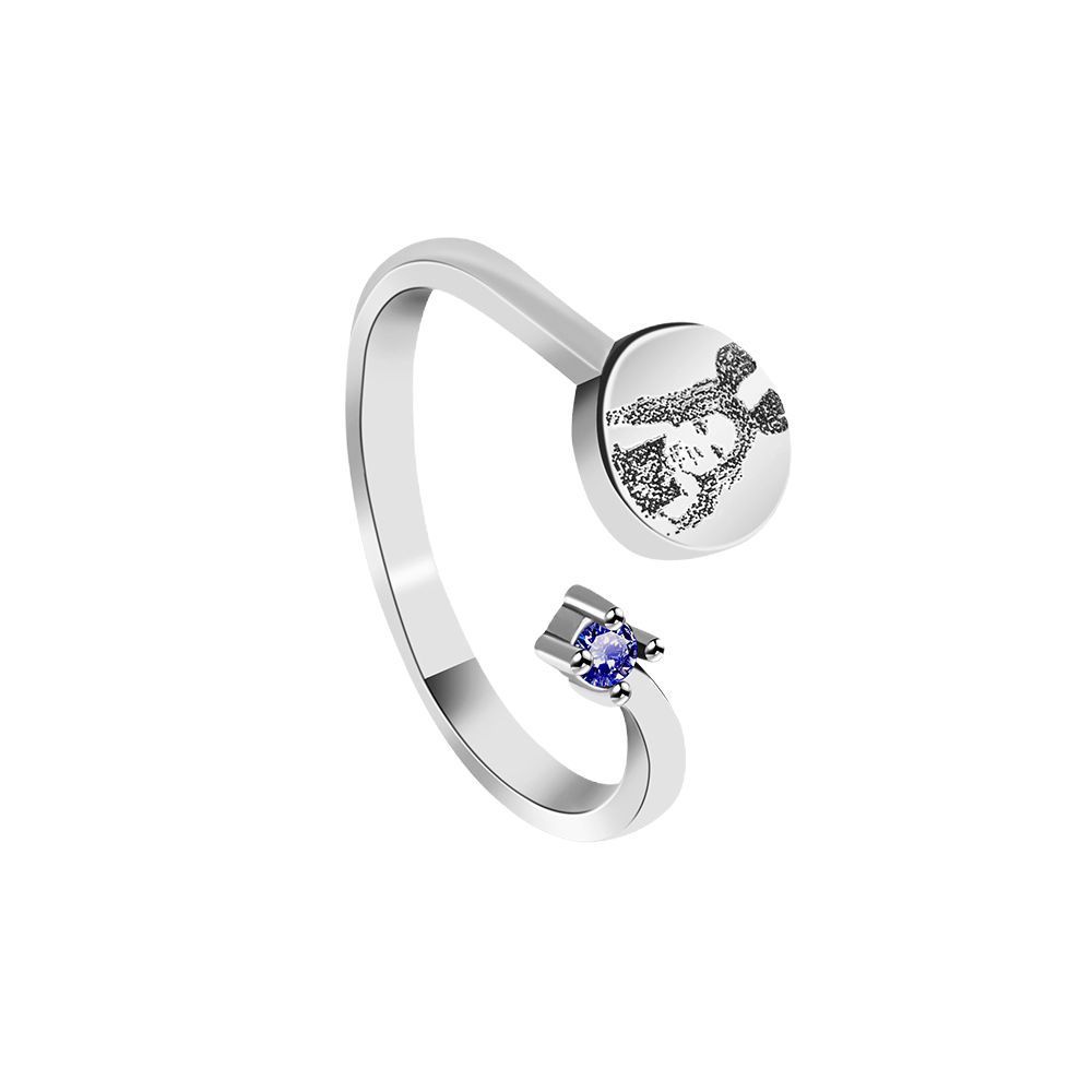 Personalized Birthstone Ring Adjustable Ring with Engraved Photo Birthday Anniversary Gift for Women