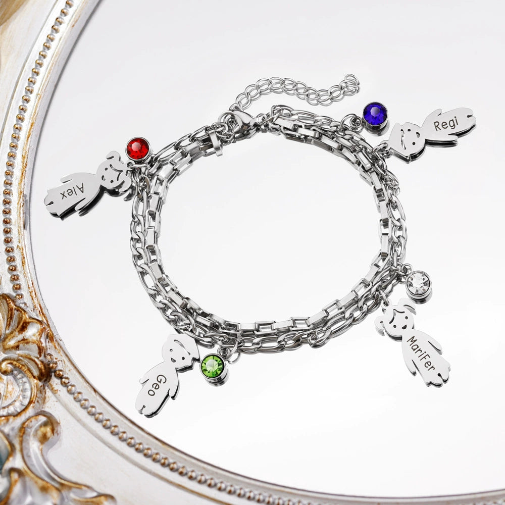 Personalized 1-6 Birthstones and Names Double Layer Family Bracelet Mother's Day Anniversary Birthday Gift for Mom Grandma
