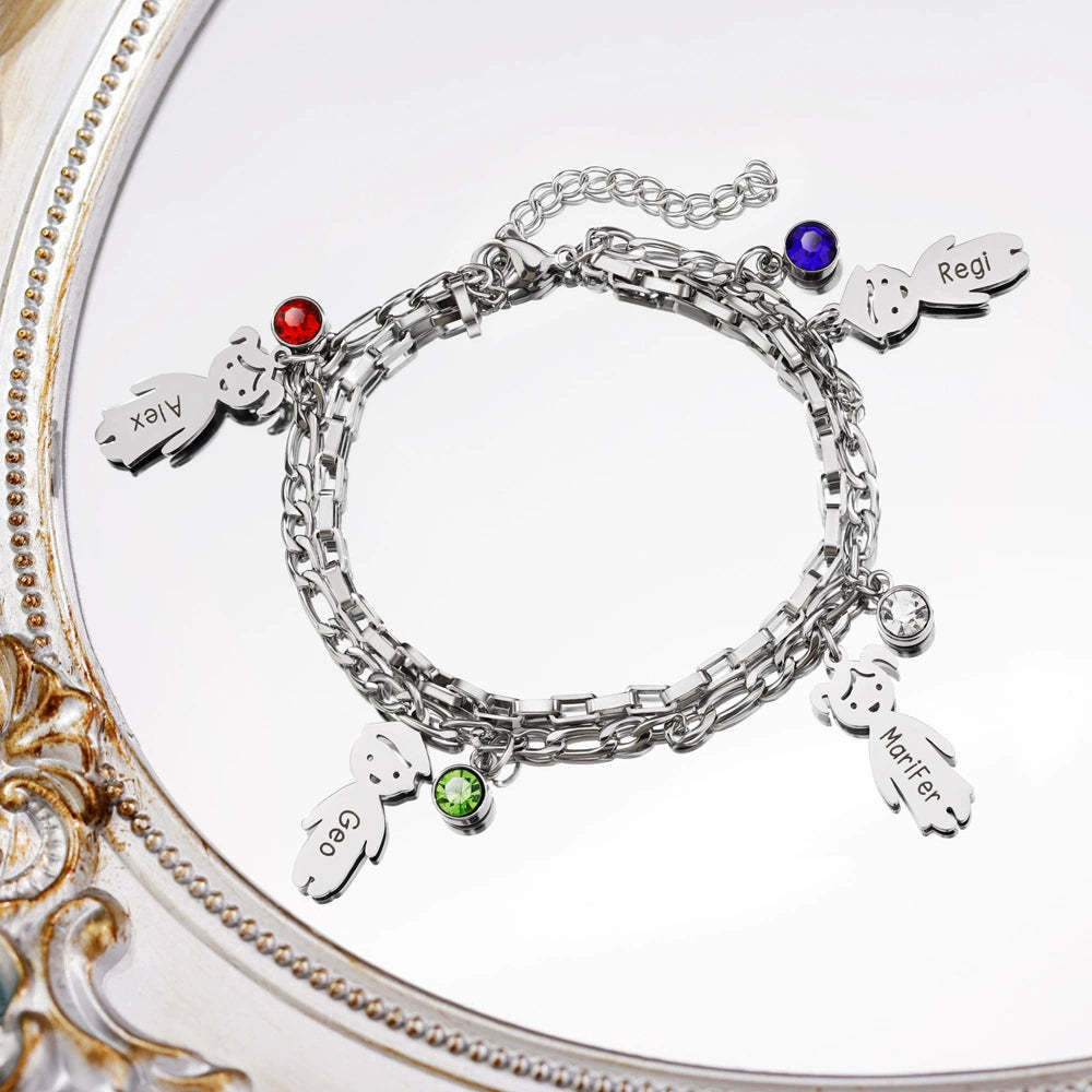 Personalized 1-6 Birthstones and Names Double Layer Family Bracelet Mother's Day Anniversary Birthday Gift for Mom Grandma