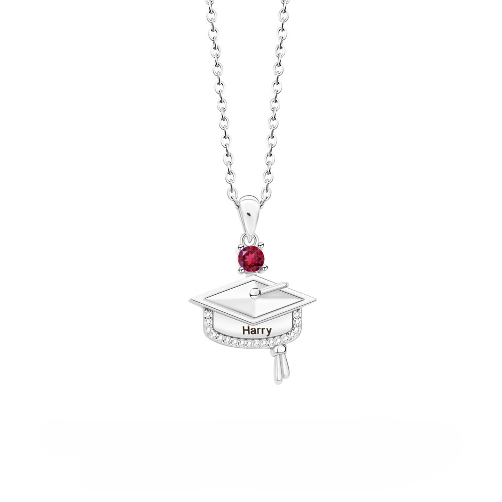 Personalized Dainty Graduation Cap Birthstone Necklace with Engraved Name Birthday Gift for Graduates