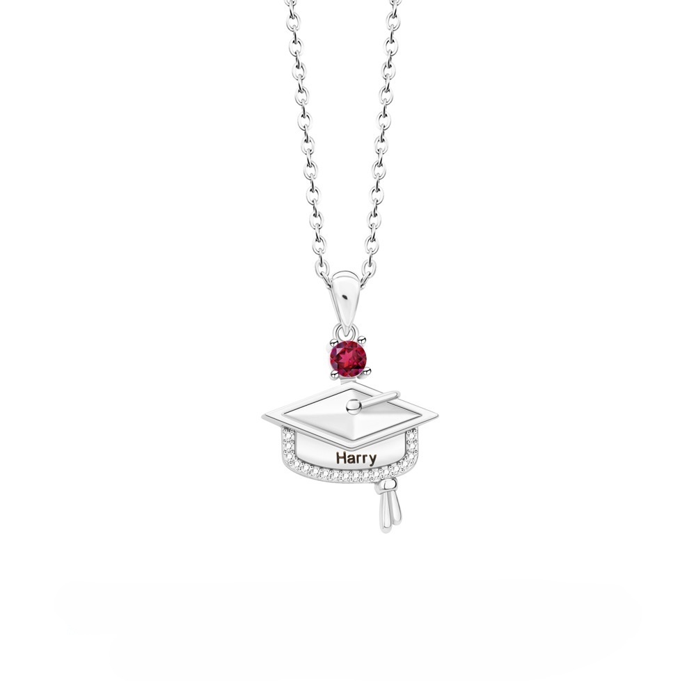 Personalized Dainty Graduation Cap Birthstone Necklace with Engraved Name Birthday Gift for Graduates