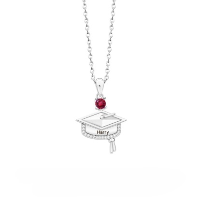 Personalized Dainty Graduation Cap Birthstone Necklace with Engraved Name Birthday Gift for Graduates