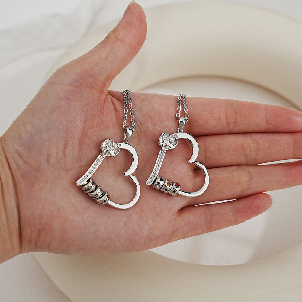 Personalized Family Heart Pendant Necklace with 1-6 Engraved Names and Birthstones Beads Mother's Day Birthday Gift for Mom Grandma