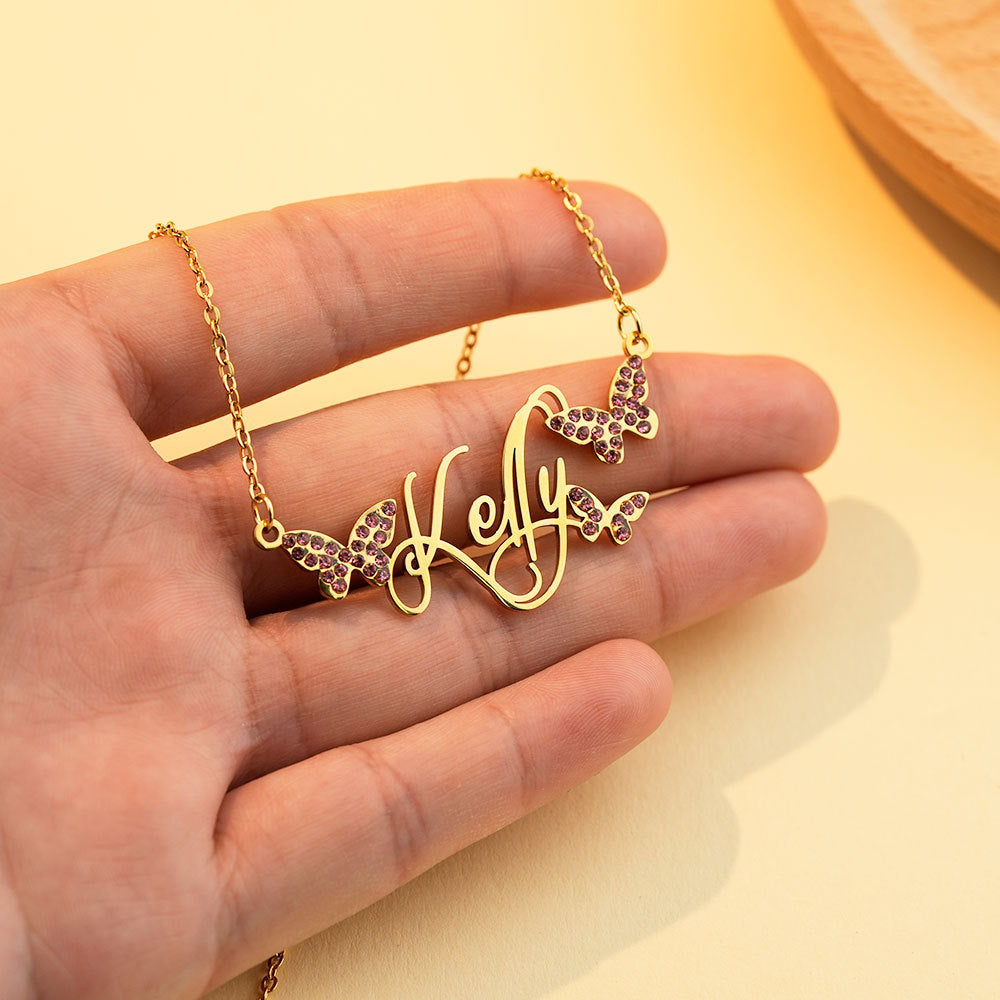 Personalized Dainty Nameplate Necklace With Butterfly Jewelry Birthday Anniversary Gift for Women