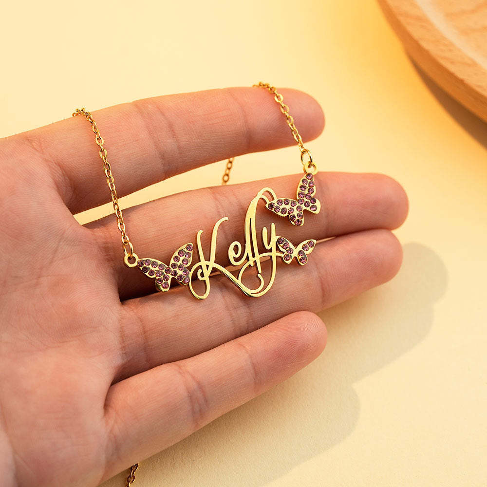 Personalized Dainty Nameplate Necklace With Butterfly Jewelry Birthday Anniversary Gift for Women