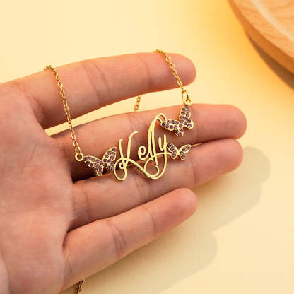 Personalized Dainty Nameplate Necklace With Butterfly Jewelry Birthday Anniversary Gift for Women