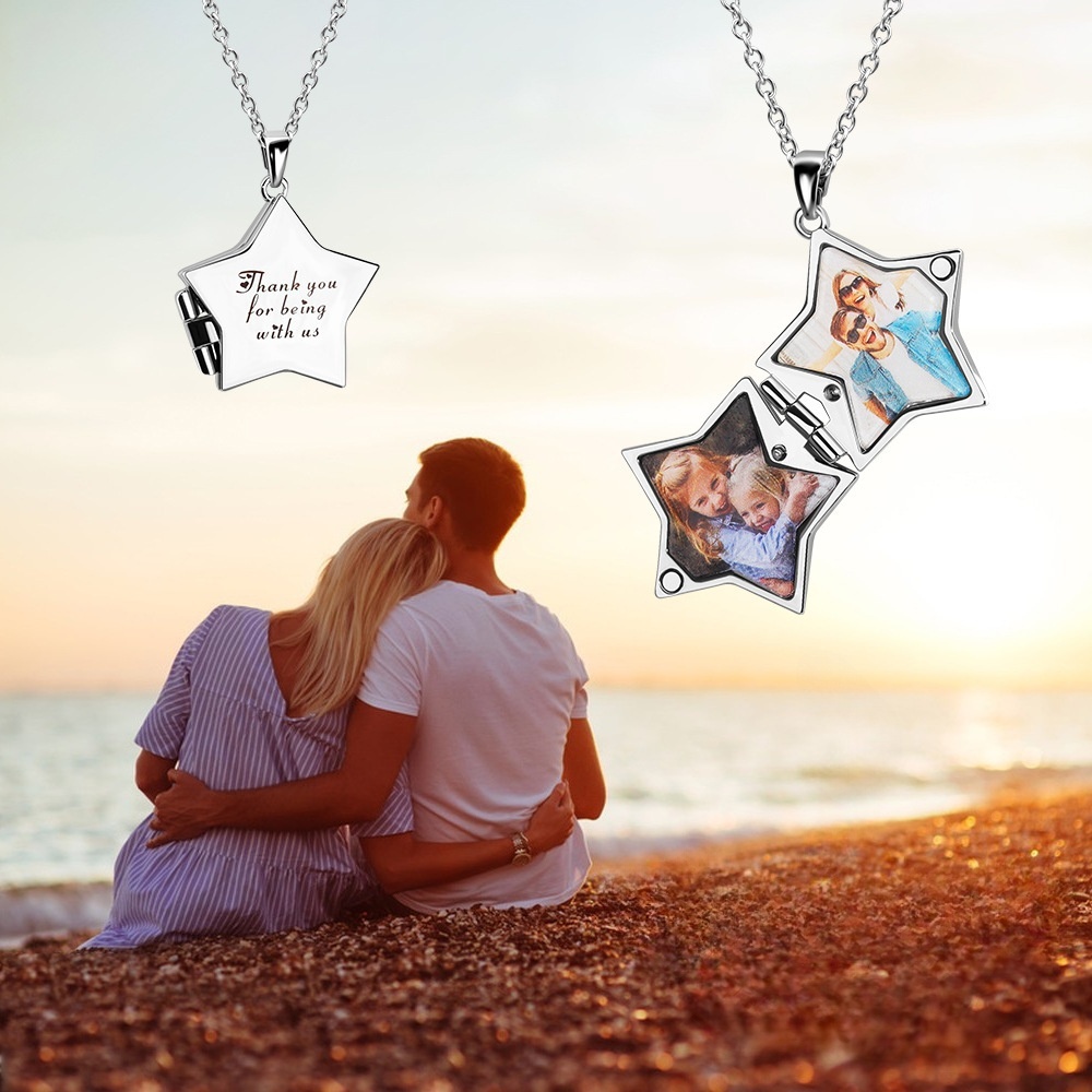 Personalized 2 Photos Square Five Stars Locket Necklace with Engraved Text Mother's Day Birthday Jewelry Gift for Women