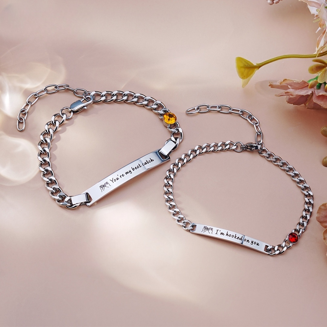 Personalized Birthstone Stainless Steel Couple Bar Bracelet with Engraved Text Birthday Valentine Gift for Friends Couple