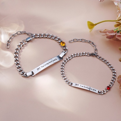  Personalized Birthstone Stainless Steel Couple Bar Bracelet with Engraved Text Birthday Valentine Gift for Friends Couple