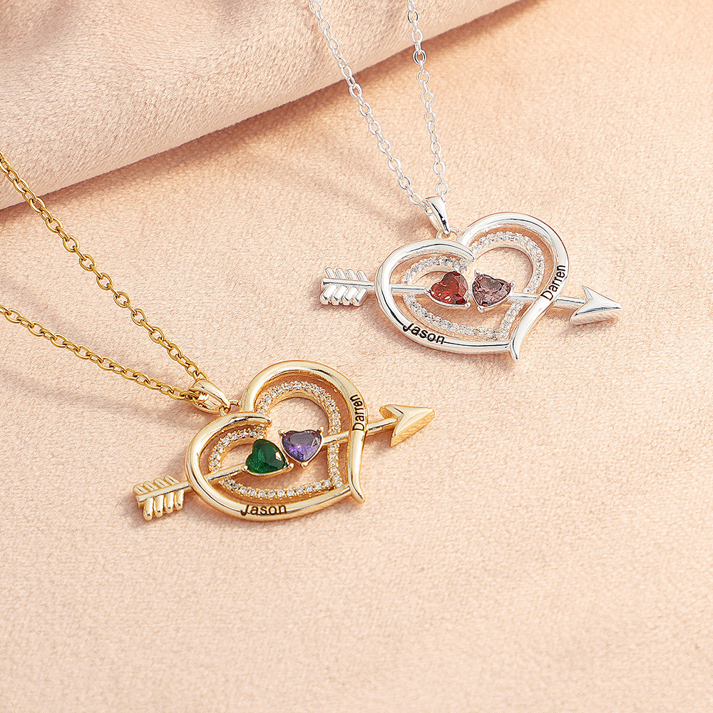 Personalized Cupid's Arrow Heart Necklace with 2 Birthstones & Names Valentine's Day Couple Gift for Women