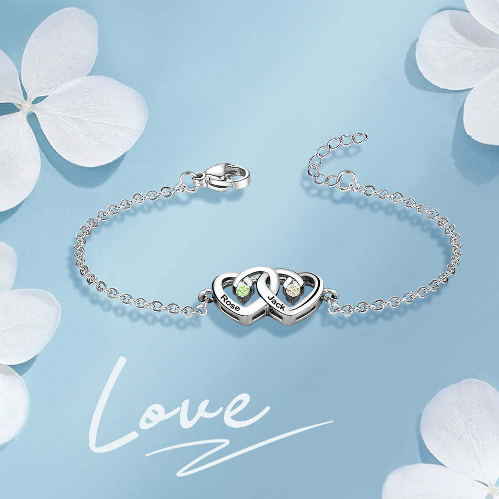 Personalized Interlocking Double Heart Bracelet with Birthstones and Engraved Names Valentine's Day Anniversary Gift for Women