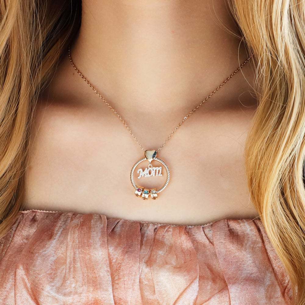 Personalized Family Heart-shaped Circular Pendant Necklace With Engraved Name And Birthday Stone Mother's Day Birthday Gift For Mom And Grandma