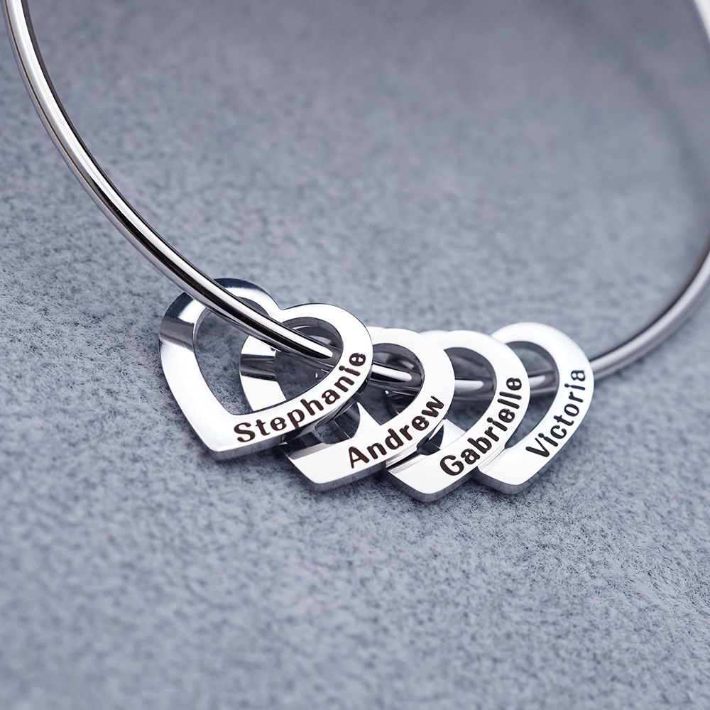 Women Bangle Bracelet With Heart Shape Name Pendants