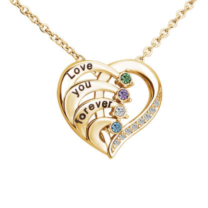 Personalized Family Heart Pendant Sterling Silver Necklace with 2-4 Engraved Names and Birthstones Mother's Day Birthday Gift for Mom Grandma