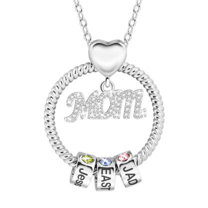 Personalized Family Heart-shaped Circular Pendant Necklace With Engraved Name And Birthday Stone Mother's Day Birthday Gift For Mom And Grandma