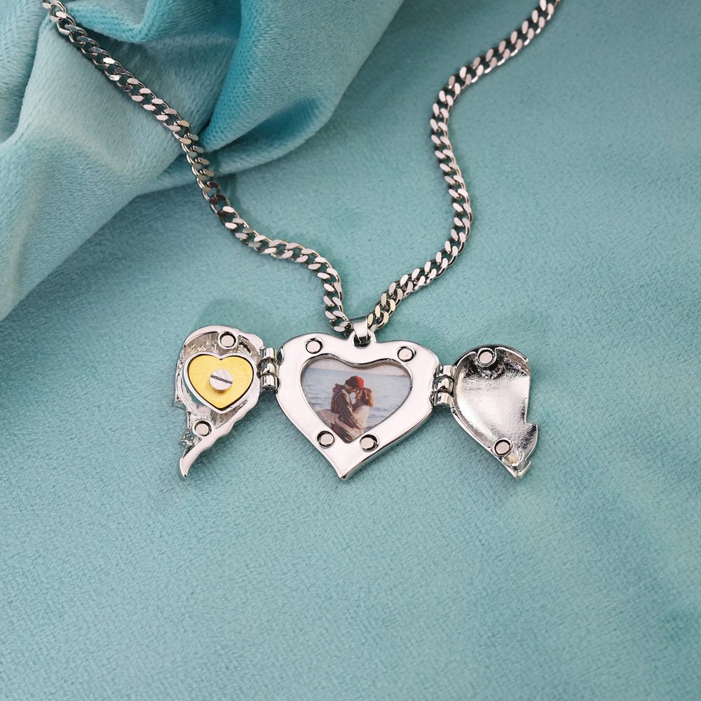 Personalized Picture Locket Angel Wings Heart Necklace
