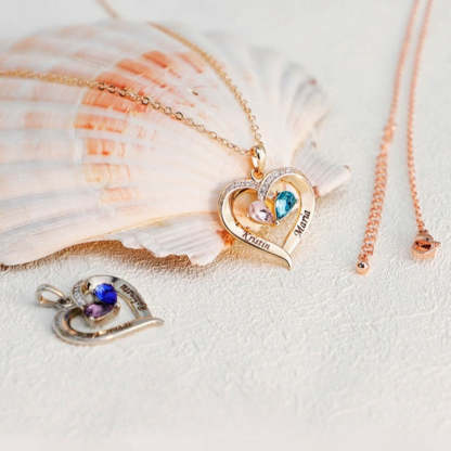 Personalized Forever Together Heart Pendant Necklace with Double Birthstones and Engraved Names Valentine's Day Gift for Women