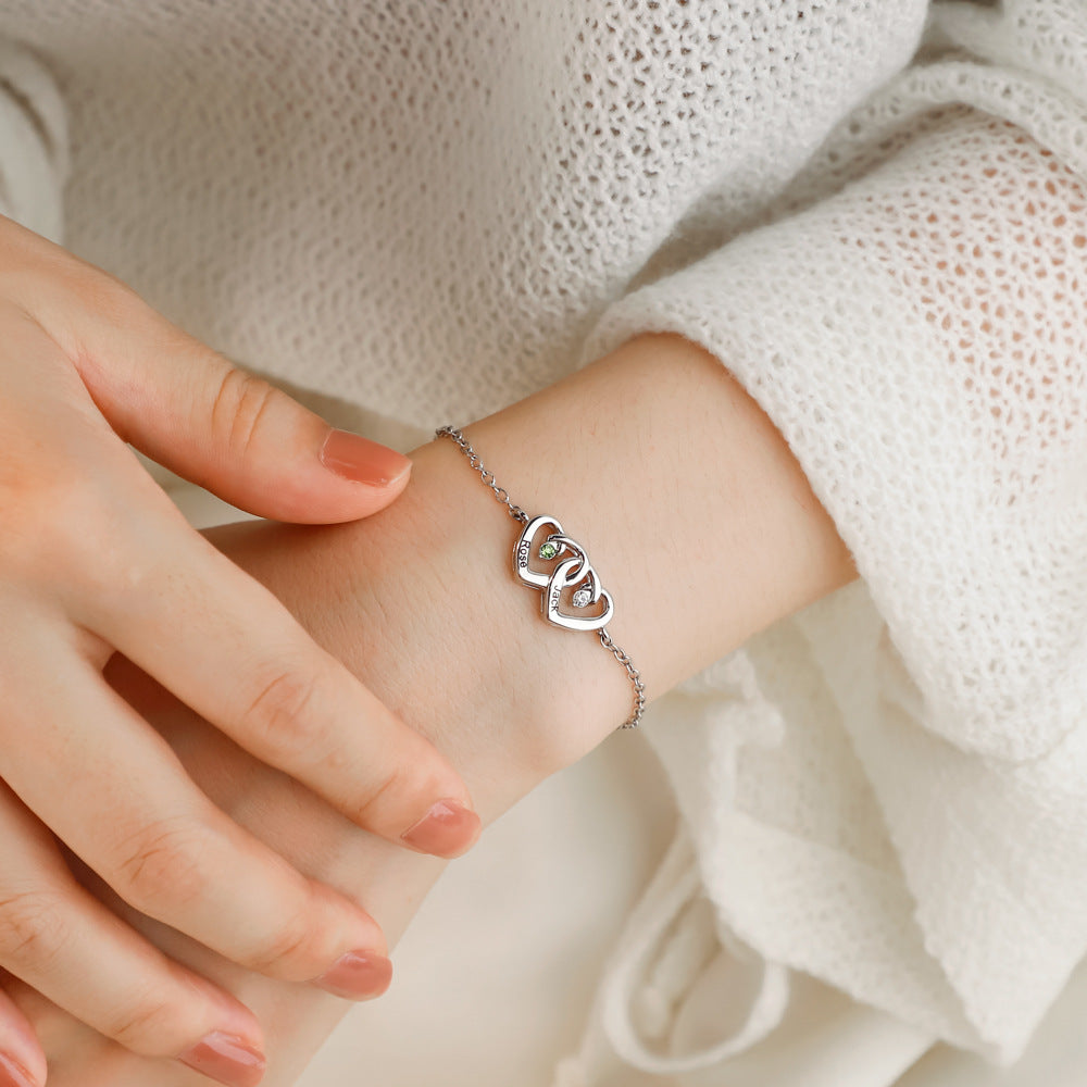 Personalized Interlocking Double Heart Bracelet with Birthstones and Engraved Names Valentine's Day Anniversary Gift for Women