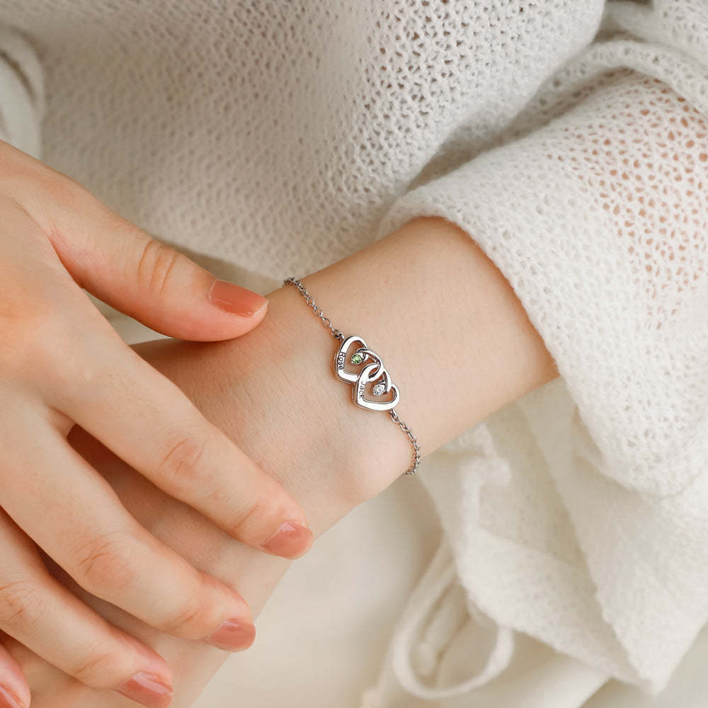 Personalized Interlocking Double Heart Bracelet with Birthstones and Engraved Names Valentine's Day Anniversary Gift for Women