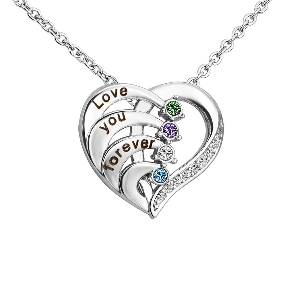 Personalized Family Heart Pendant Sterling Silver Necklace with 2-4 Engraved Names and Birthstones Mother's Day Birthday Gift for Mom Grandma