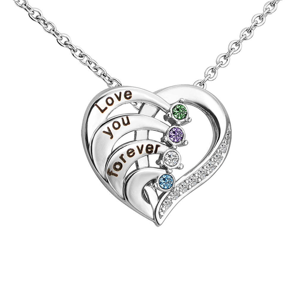 Personalized Family Heart Pendant Sterling Silver Necklace with 2-4 Engraved Names and Birthstones Mother's Day Birthday Gift for Mom Grandma