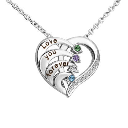 Personalized Family Heart Pendant Sterling Silver Necklace with 2-4 Engraved Names and Birthstones Mother's Day Birthday Gift for Mom Grandma