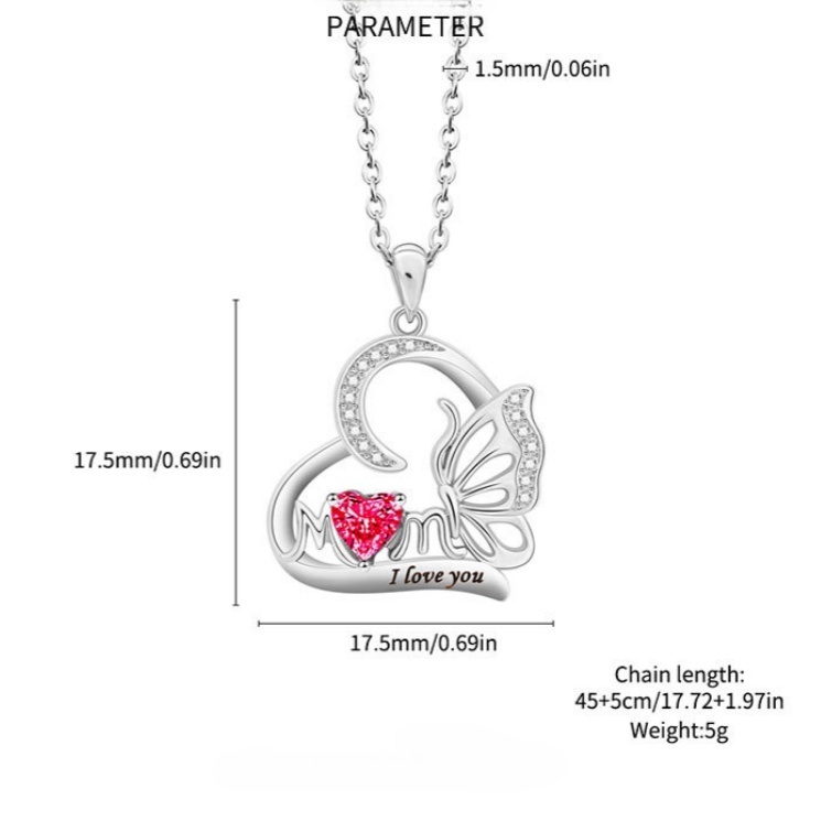 Personalized Butterfly Heart Necklace with Birthstone Charm Mother's Day Birthday for Women