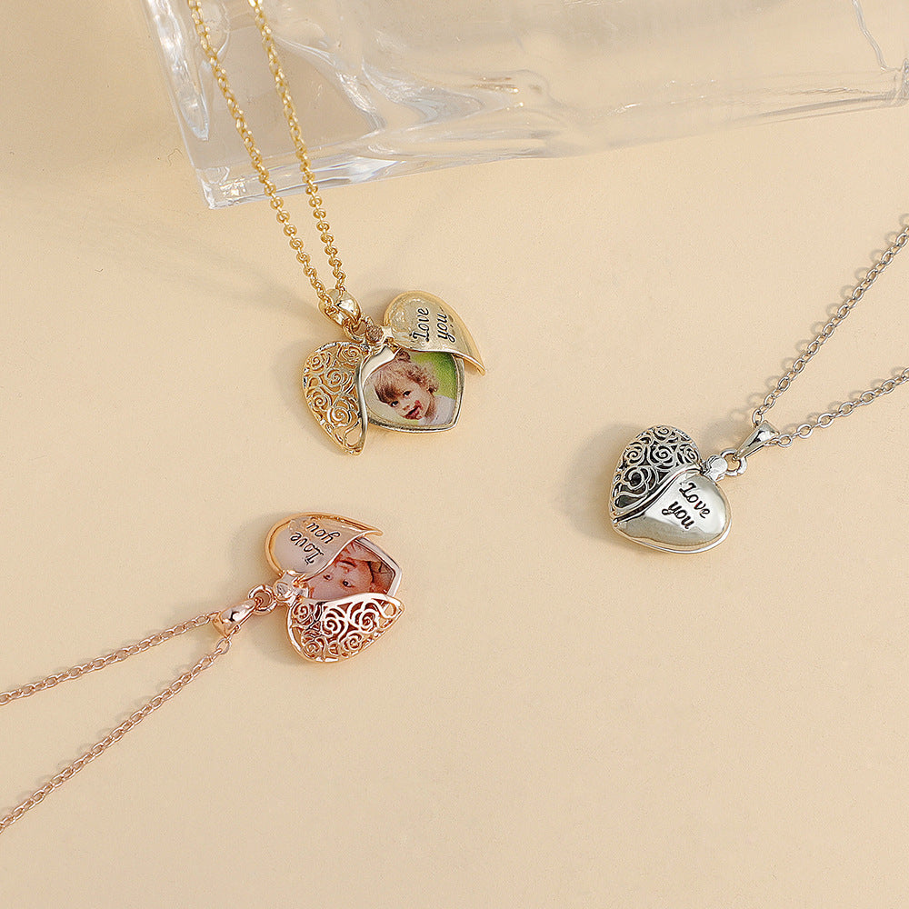 Personalized Dainty Hollow "love you" Heart Locket Photo Necklace Valentine's Day Mother's Day Memorial Anniversary Gift For Women