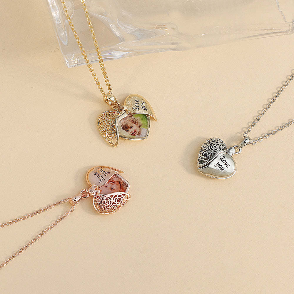 Personalized Dainty Hollow "love you" Heart Locket Photo Necklace Valentine's Day Mother's Day Memorial Anniversary Gift For Women