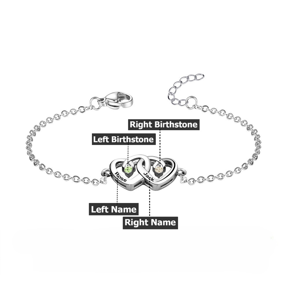 Personalized Interlocking Double Heart Bracelet with Birthstones and Engraved Names Valentine's Day Anniversary Gift for Women