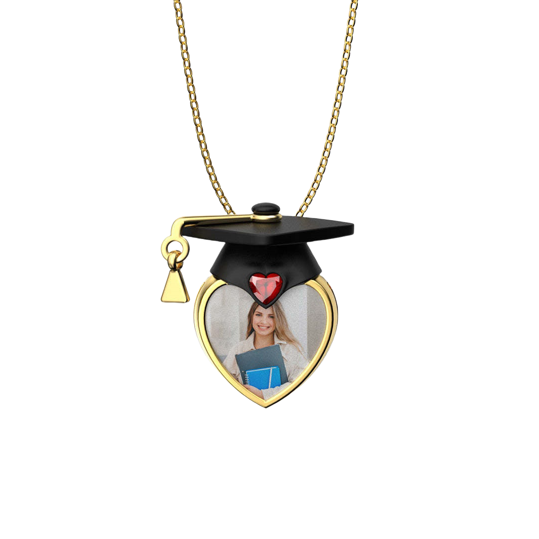 Personalized Dainty Grad Cap Zircon Heart Birthstone Necklace with Eng