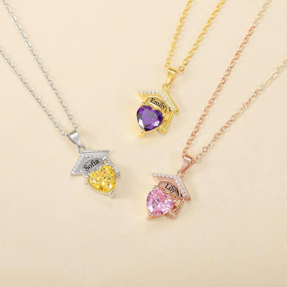 Personalized Dainty Graduation Cap Birthstone Necklace with Engraved Name Graduation Birthday Gift for Graduates