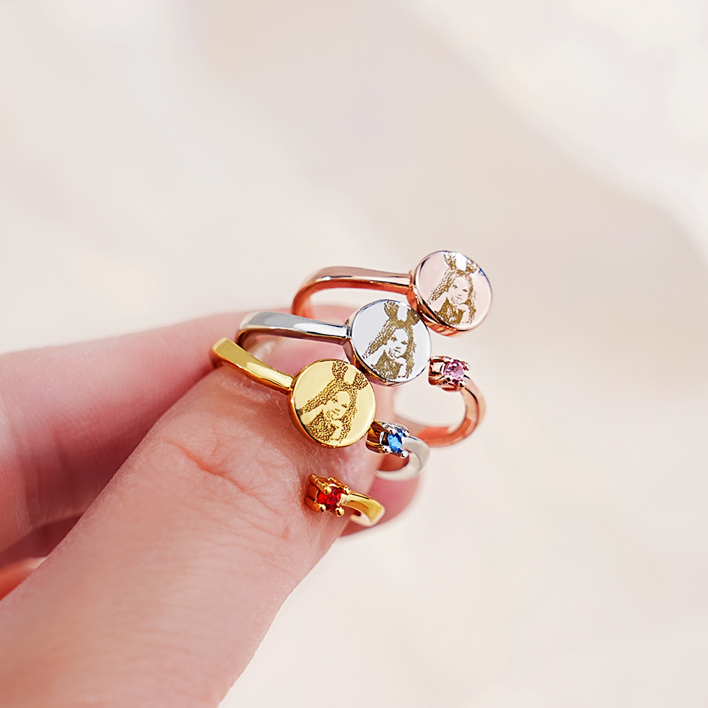 Personalized Birthstone Ring Adjustable Ring with Engraved Photo Birthday Anniversary Gift for Women