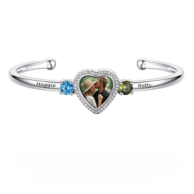Personalized Adjustable Photo 2 Birthstones Heart Bracelet Valentine's Day Birthday Friendship Gift Mother's Day for Couple Best Friend Mom