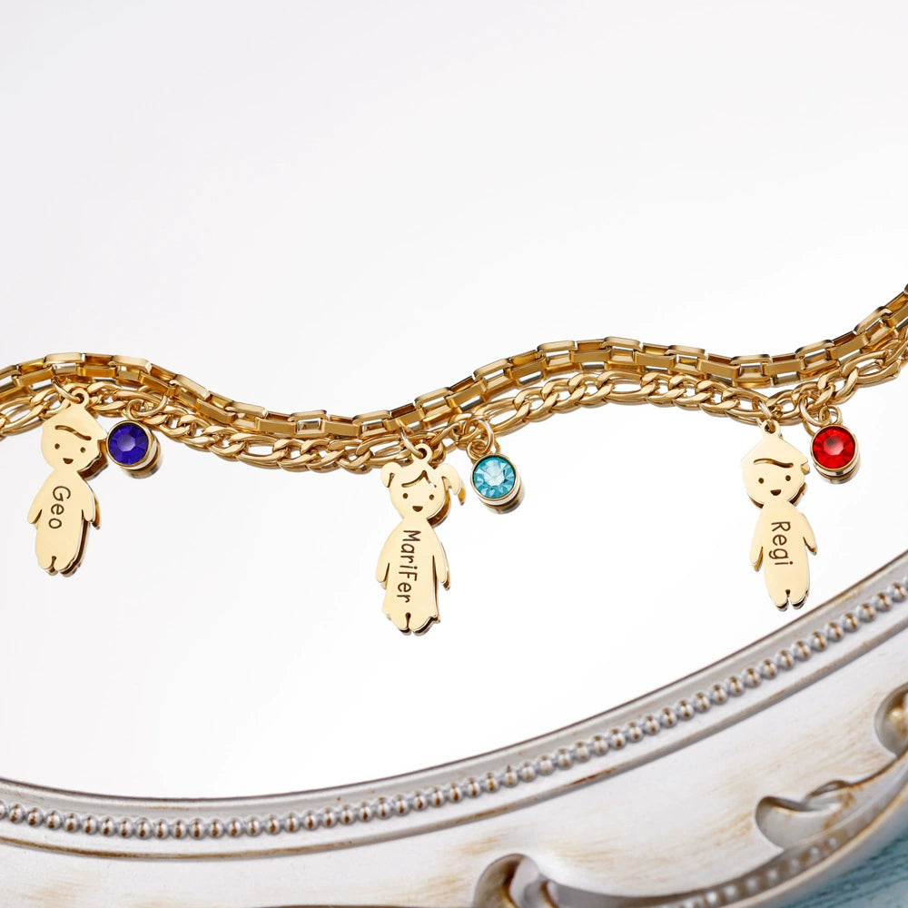 Personalized 1-6 Birthstones and Names Double Layer Family Bracelet Mother's Day Anniversary Birthday Gift for Mom Grandma