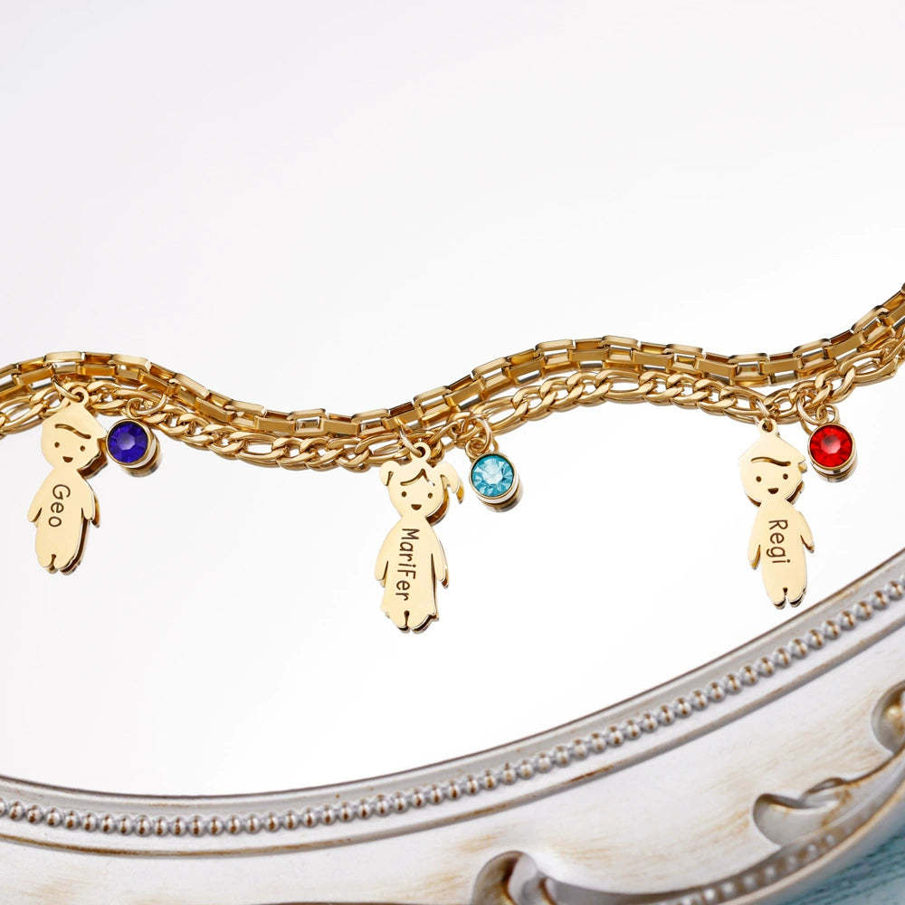 Personalized 1-6 Birthstones and Names Double Layer Family Bracelet Mother's Day Anniversary Birthday Gift for Mom Grandma