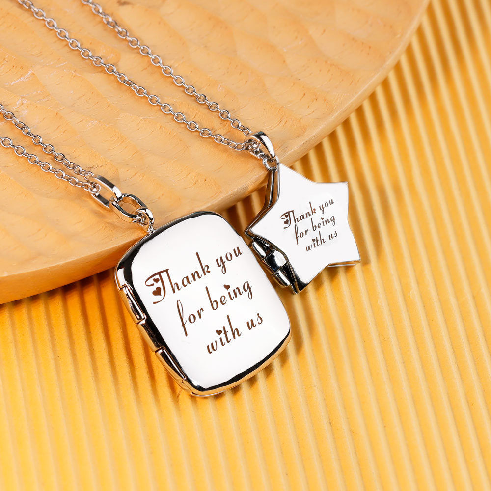 Personalized 2 Photos Square Five Stars Locket Necklace with Engraved Text Mother's Day Birthday Jewelry Gift for Women