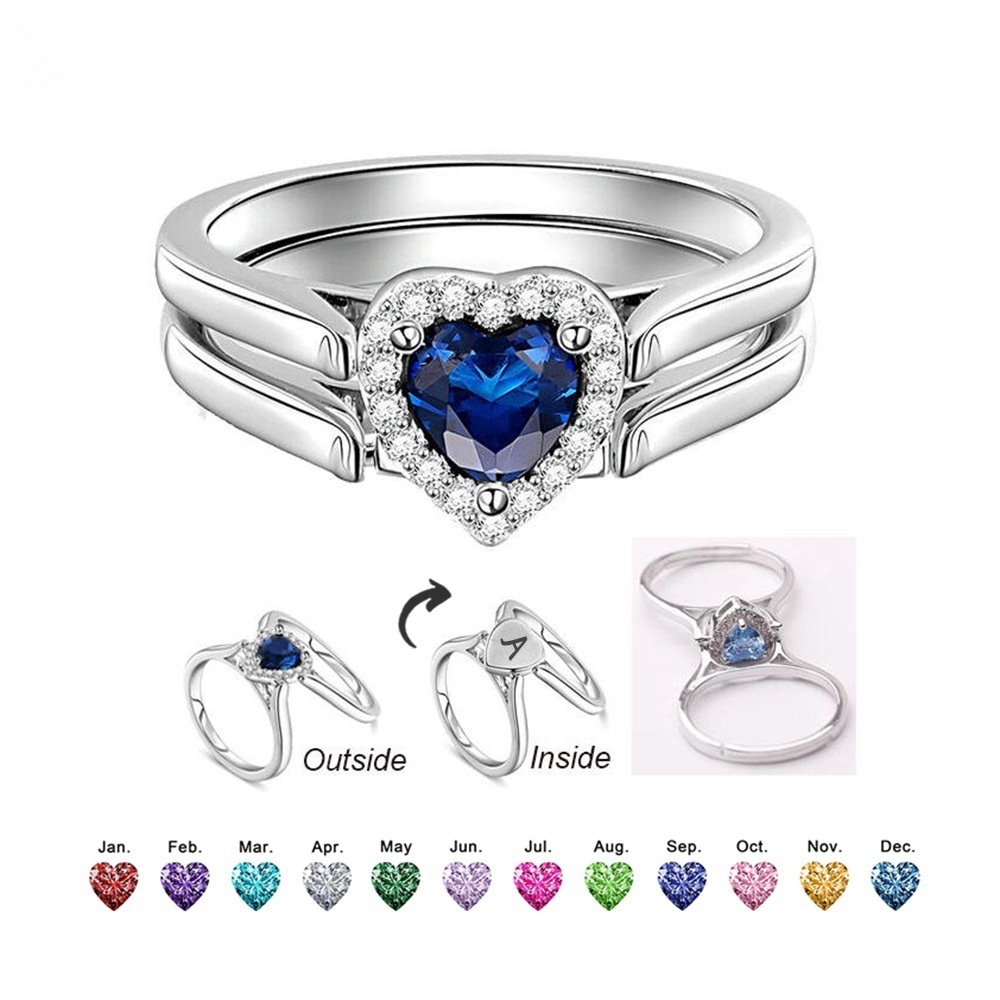 Personalized Dainty Heart Birthstone Ring Rotatable Ring with Engraved Name and Shiny Zircon Birthday Anniversary Gift for Women