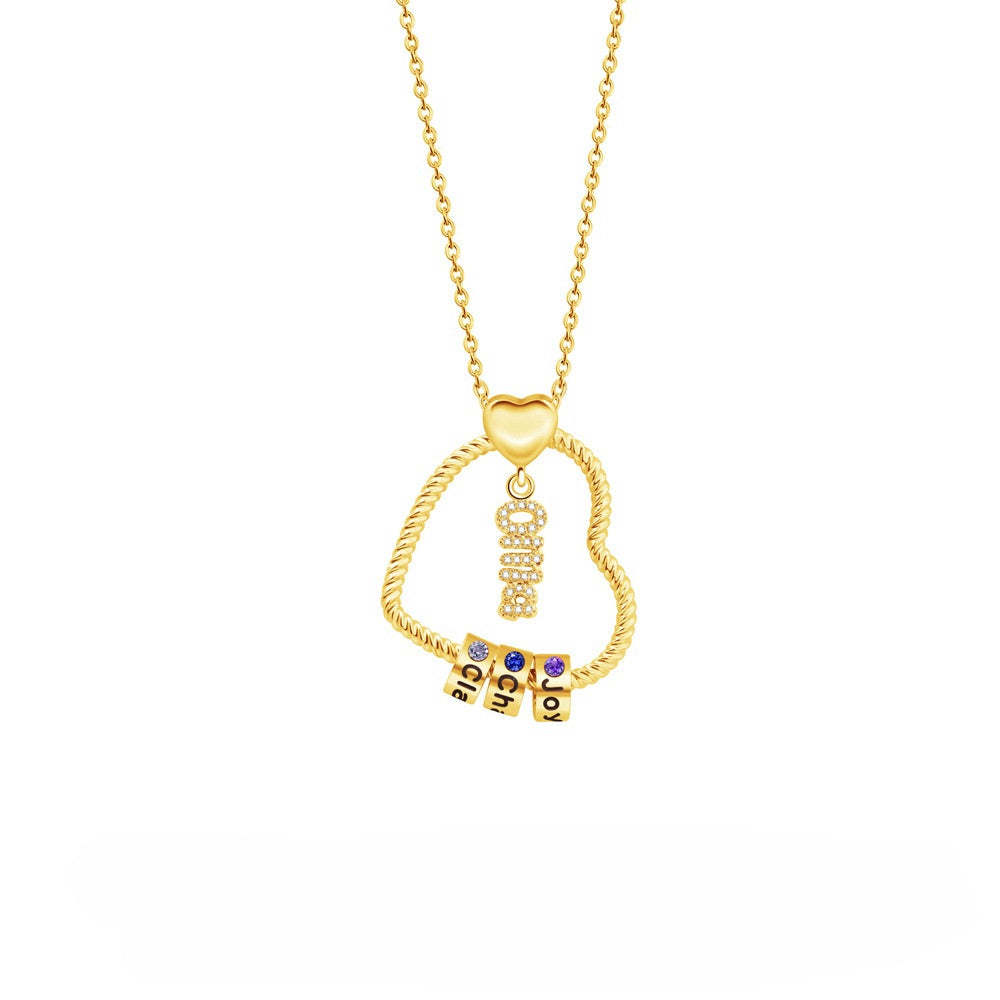 Personalized Family Heart Pendant Necklace with Engraved Names and Bir