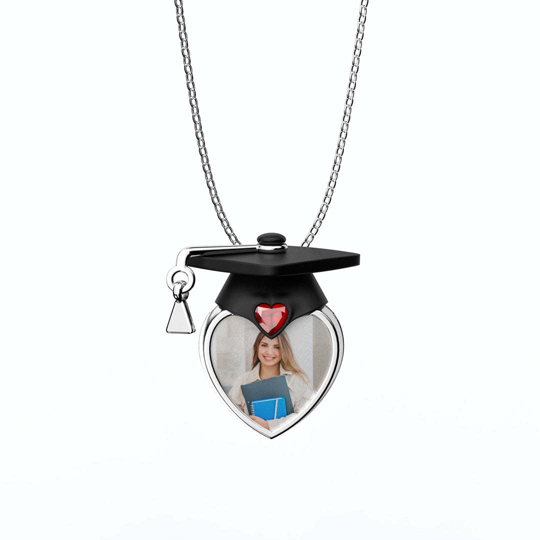 Personalized Dainty Grad Cap Zircon Heart Birthstone Necklace with Engraved Text Graduate Jewelry Birthday Graduation Gift for Women