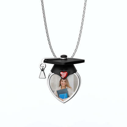 Personalized Dainty Grad Cap Zircon Heart Birthstone Necklace with Engraved Text Graduate Jewelry Birthday Graduation Gift for Women