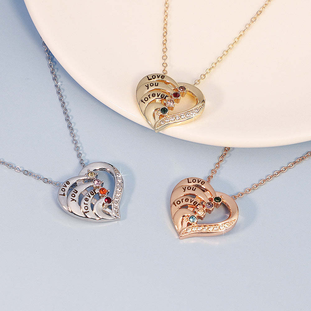 Personalized Family Heart Pendant Sterling Silver Necklace with 2-4 Engraved Names and Birthstones Mother's Day Birthday Gift for Mom Grandma
